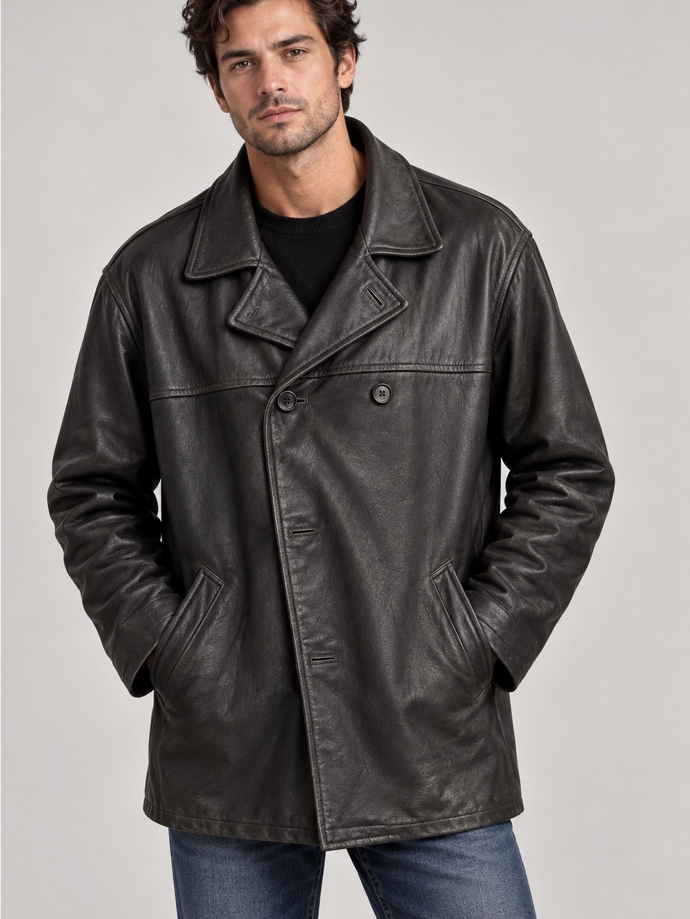 Kenneth Cole Black Double-Breasted Leather Peacoat
